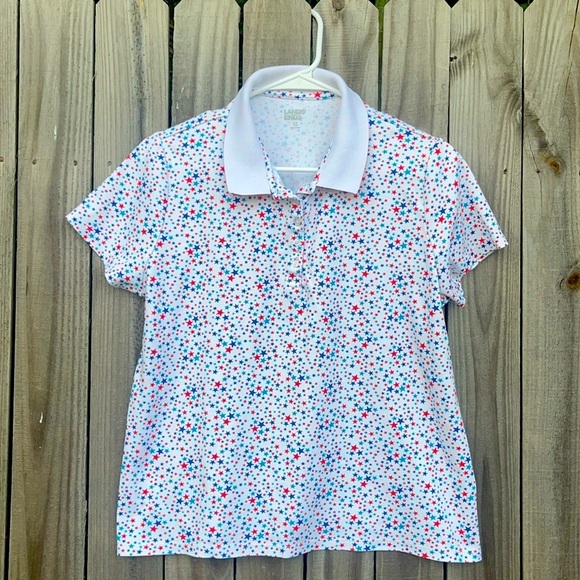 Lands end cotton star collar shirt buttons bottom side slits red white blue top - Picture 1 of 11